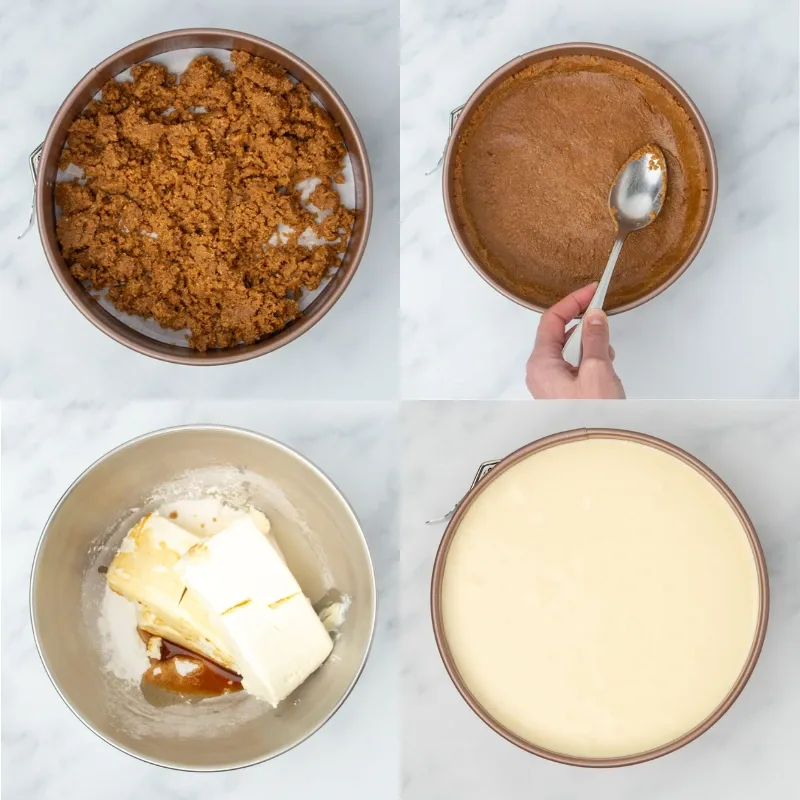 Four-step collage for gluten-free cheesecake: crumbs in a springform pan, crust pressed with a spoon, cream cheese mixture in a bowl, and pan filled with smooth batter ready to bake.