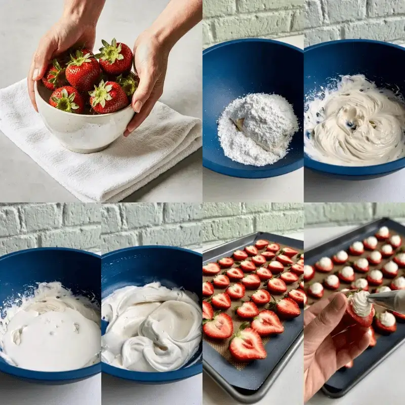 Step-by-step process of making cheesecake deviled strawberries, from fresh strawberries to mixing cheesecake filling and piping it inside.