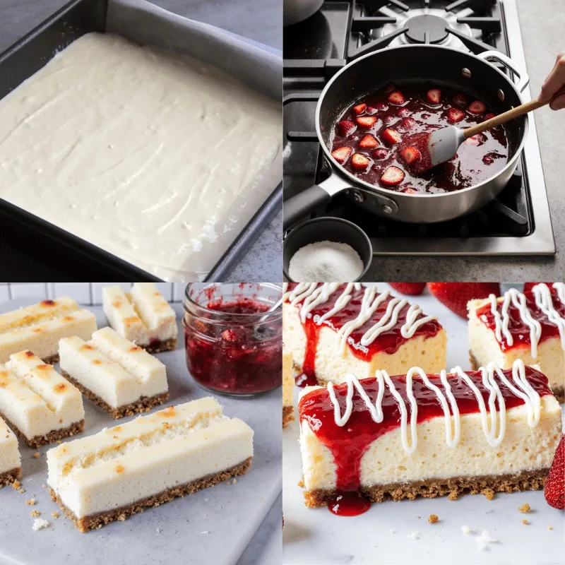 Step-by-step process of making Philadelphia cheesecake bars, from batter in the pan, cooking strawberry topping, baked cheesecake bars, to finished bars with strawberry glaze and white chocolate drizzle.