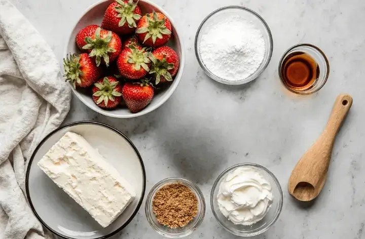 Ingredients for cheesecake deviled strawberries including fresh strawberries, cream cheese, powdered sugar, vanilla extract, graham cracker crumbs, and whipped cream on a marble surface.