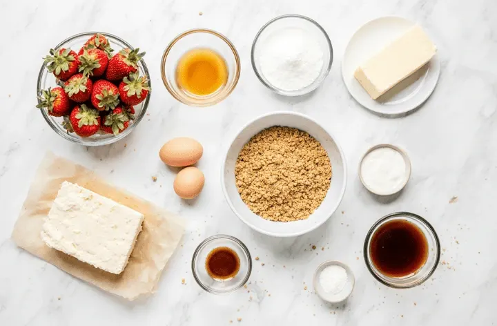 Flat lay of ingredients for Philadelphia cheesecake bars including fresh strawberries, cream cheese, eggs, butter, sugar, graham cracker crumbs, and vanilla extract.