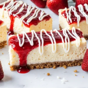 Philadelphia cheesecake bars with graham cracker crust, topped with strawberry sauce and drizzled with white chocolate, served with fresh strawberries.