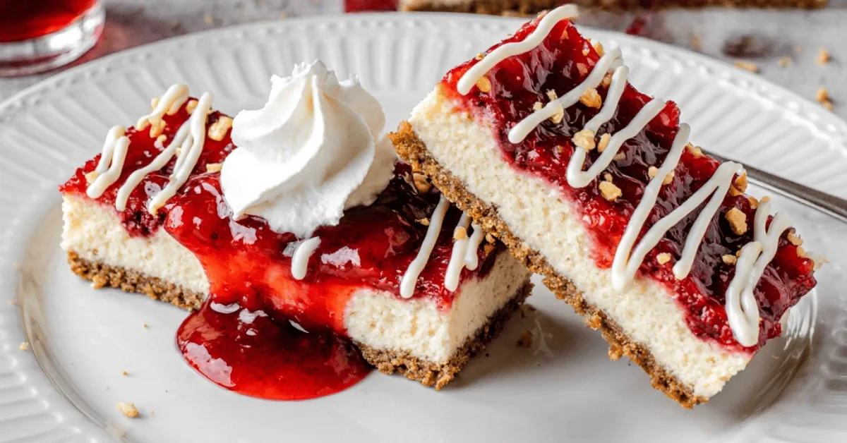 Two slices of Philadelphia cheesecake bars topped with strawberry glaze, drizzled with white chocolate, sprinkled with crushed nuts, and served with a dollop of whipped cream.