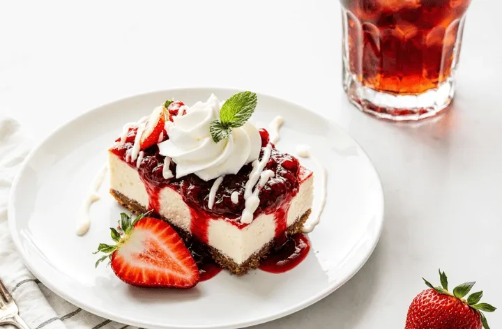 Plated Philadelphia cheesecake bar topped with strawberry glaze, whipped cream, white chocolate drizzle, and fresh mint, served with sliced strawberries and iced tea.